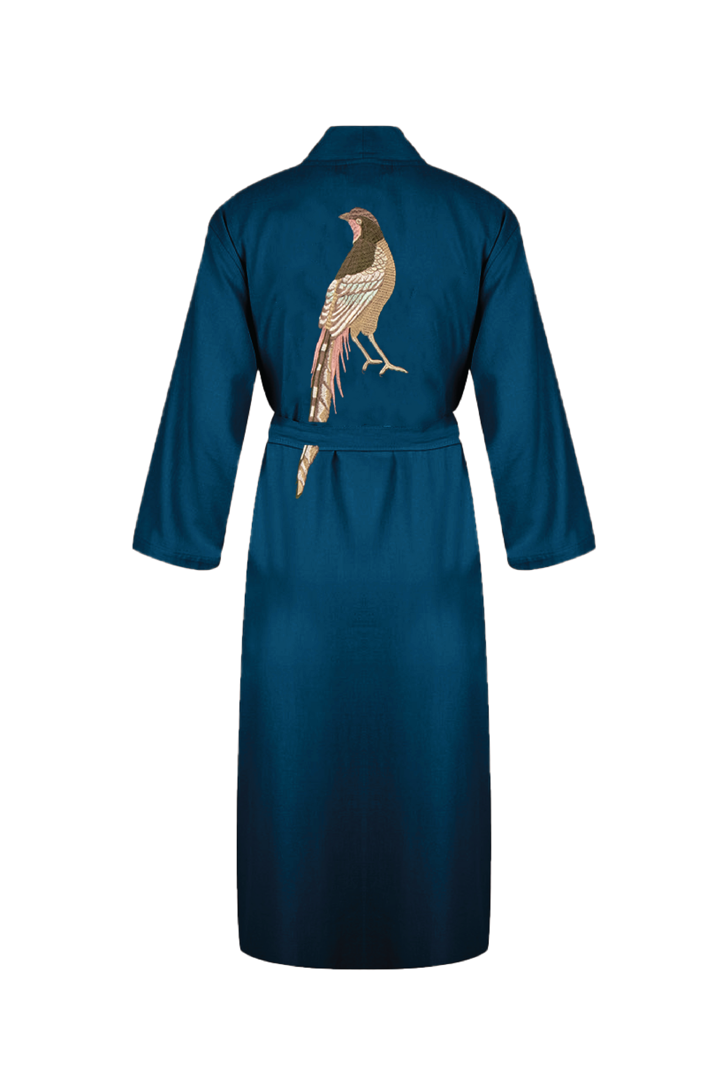 Hammam34 Long dark blue caftan with pheasant embroidery detail on the back