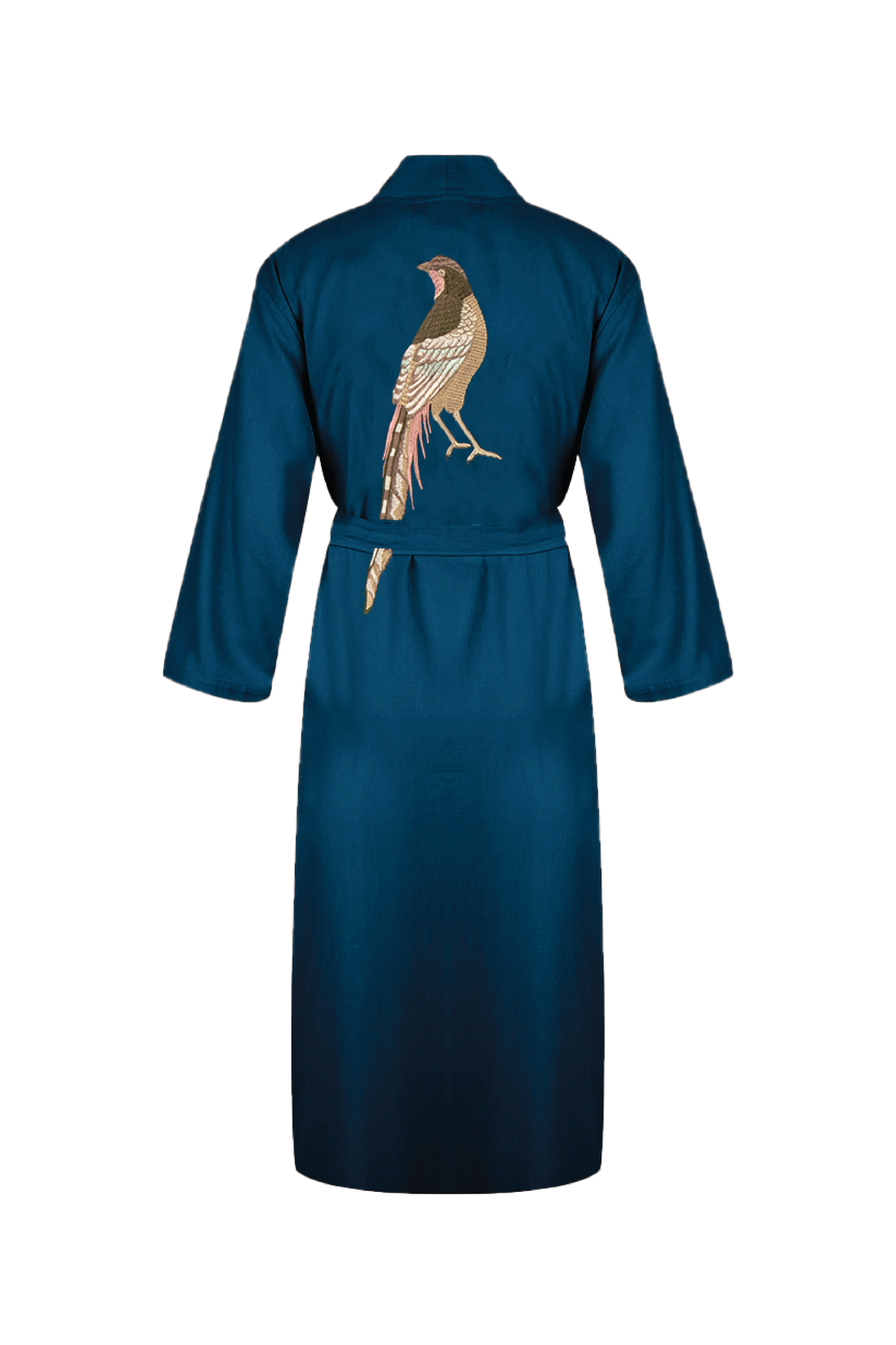 Hammam34 Long dark blue caftan with pheasant embroidery detail on the back