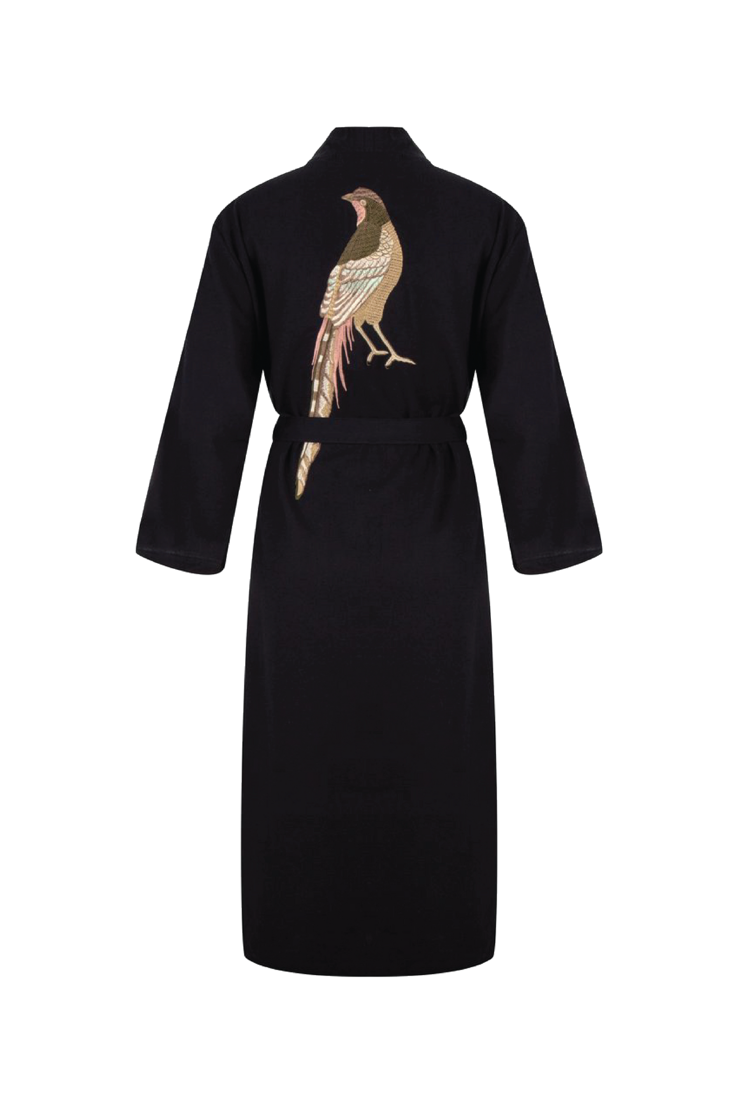 Hammam34 Long black caftan with pheasant embroidery detail on the back