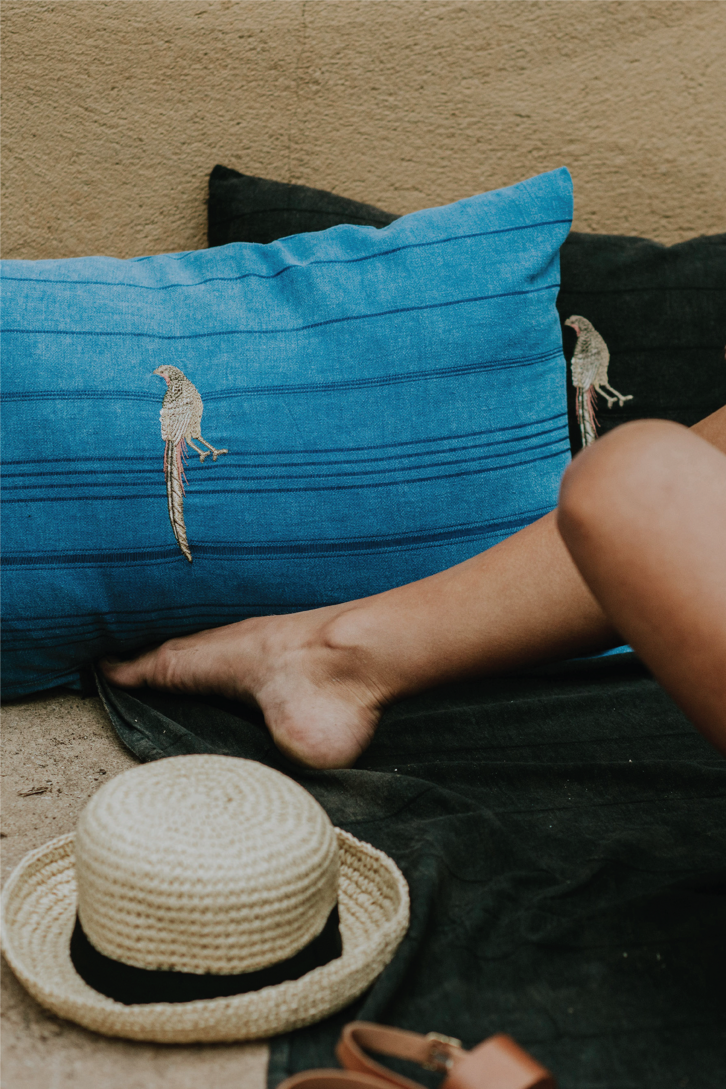 Denim Blue Pillow Case with The Pheasant Embroidery