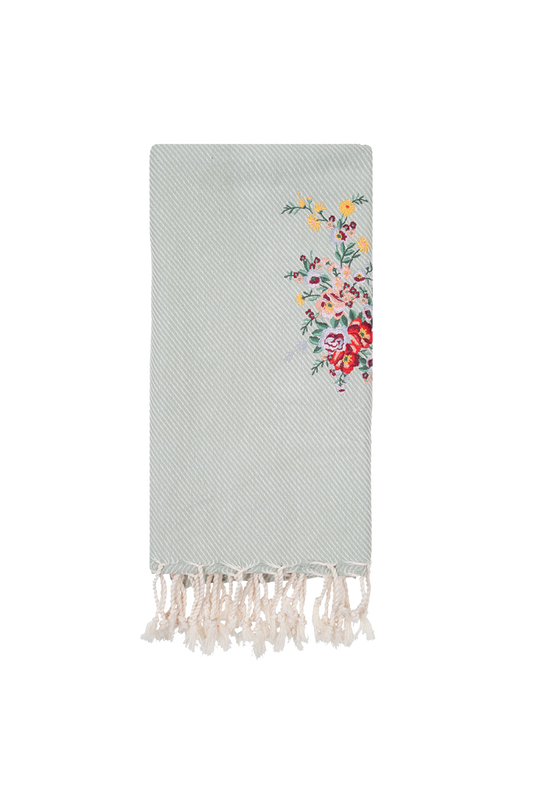 Hammam 34 EMBROIDERED HAMMAM TOWEL WITH THE FLOWER IN SEA GREEN