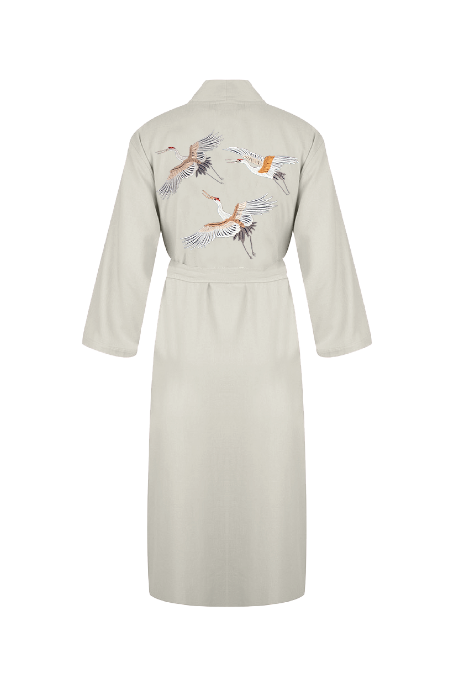 Hammam34 Long beige caftan with flying cranes embroidery detail on the back