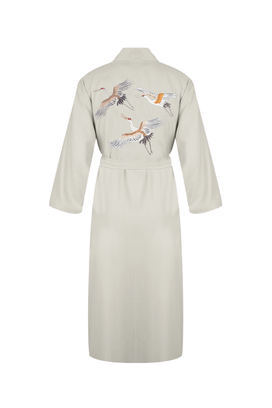 Hammam34 Long beige caftan with flying cranes embroidery detail on the back