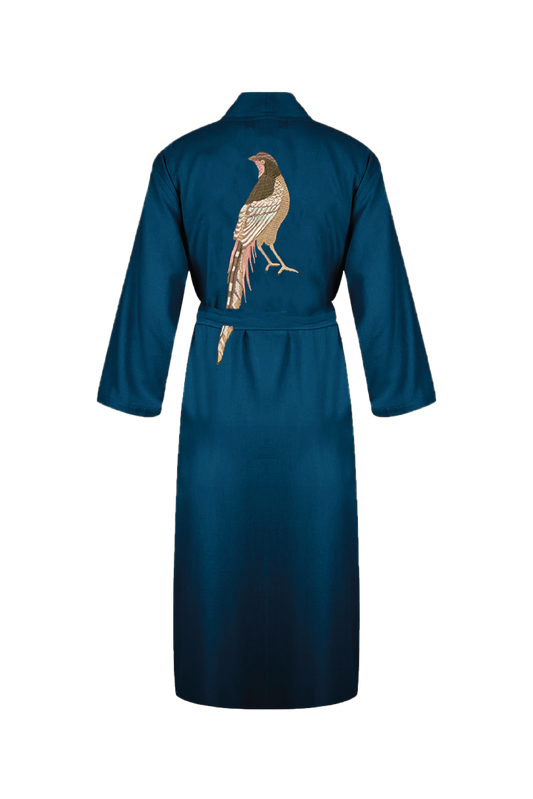 Hammam34 Long dark blue caftan with pheasant embroidery detail on the back