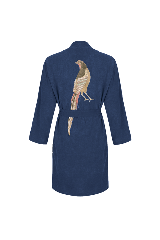 Hammam34 Dark Blue kimono with pheasant embroidery detail on the back