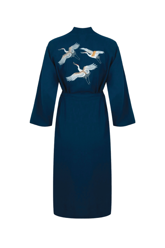 Hammam34 Long dark blue caftan with flying cranes embroidery detail on the back