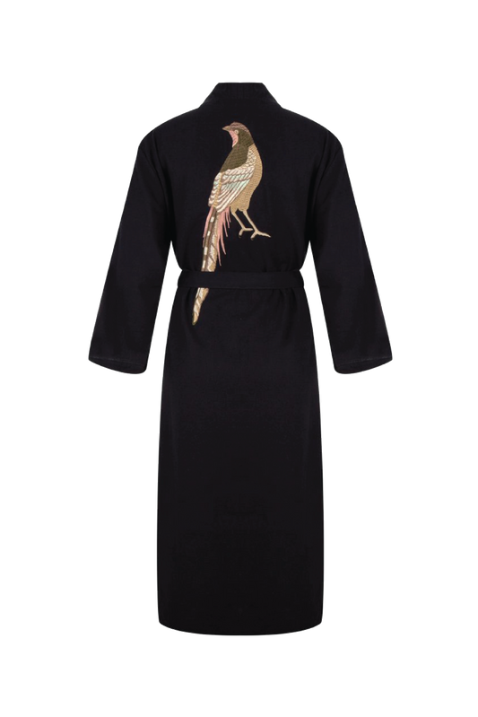Hammam34 Long black caftan with pheasant embroidery detail on the back