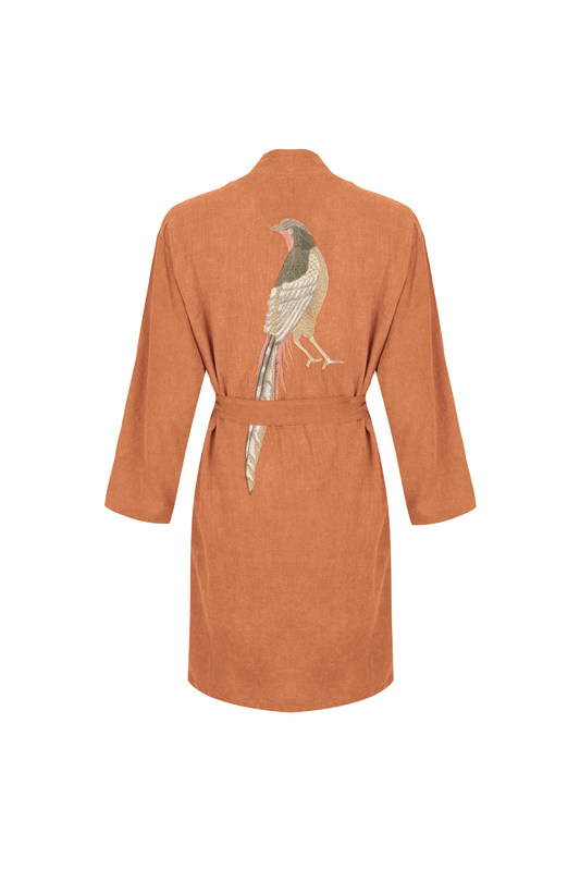 Hammam34 Orange kimono with pheasant embroidery detail on the back